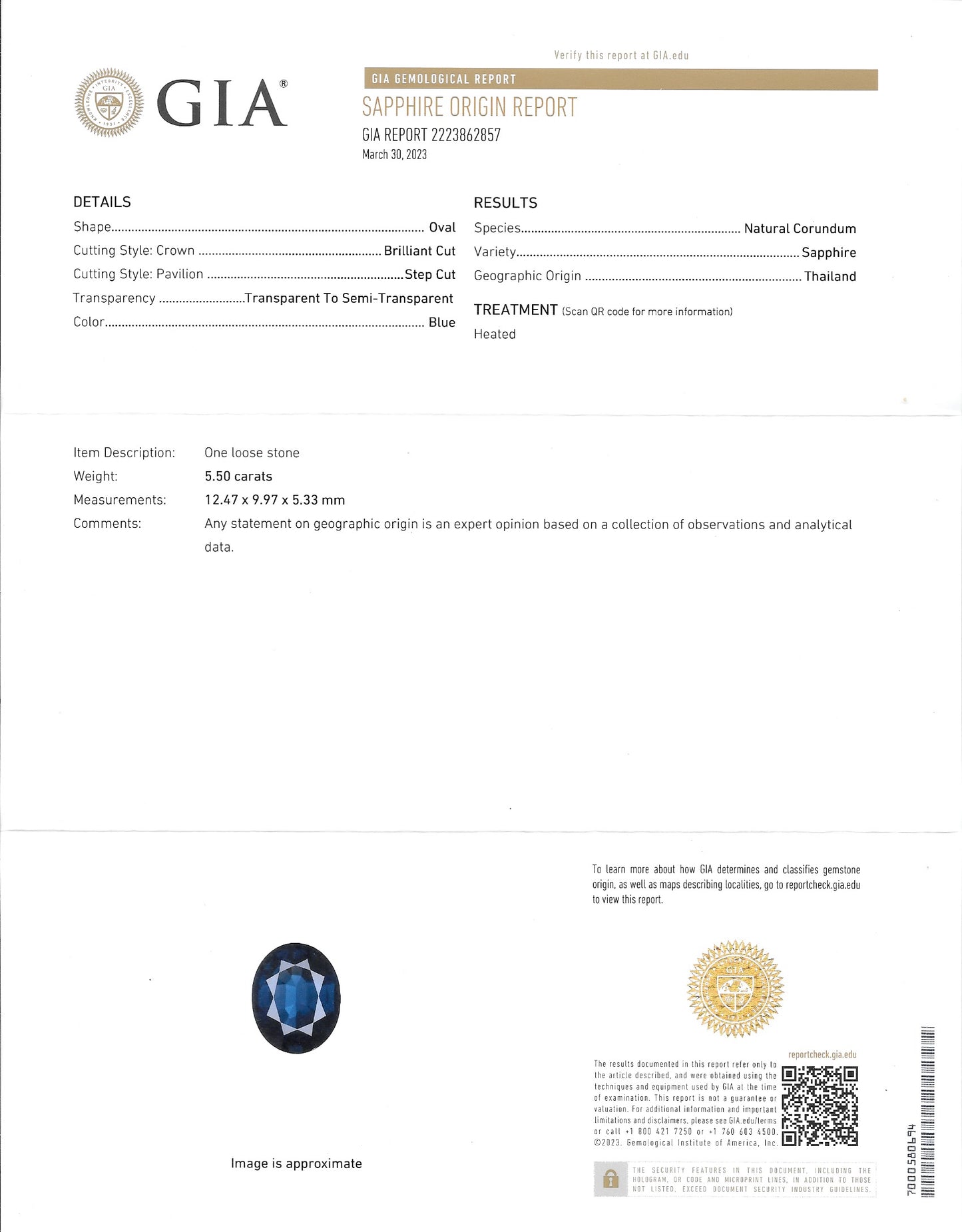5.50 carats Blue Sapphire - oval *with GIA Sapphire Origin Report*